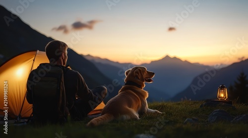 Serenity at Sunset: A lone hiker and his loyal canine companion embrace the tranquility of a mountain vista, sharing a quiet moment beside a glowing tent and lantern as the sun dips below the horizon.