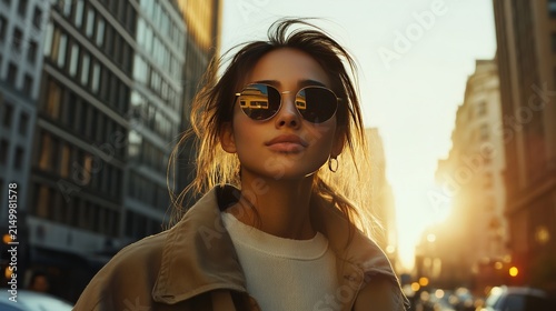 Urban Radiance: A confident woman, adorned with stylish sunglasses reflecting the city's glow.
