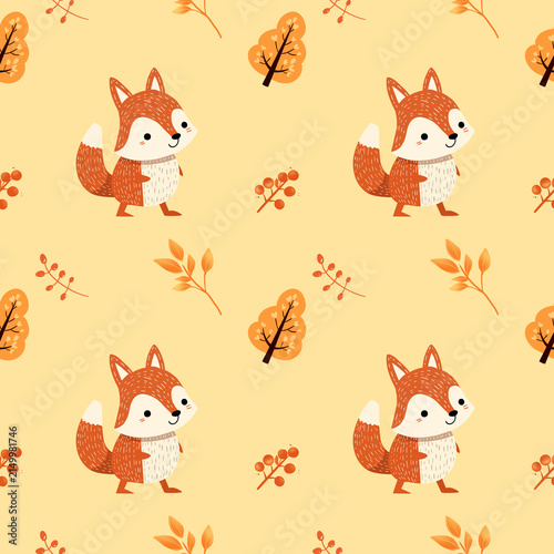 Seamless Pattern of Cute Foxes and Autumn Leaves