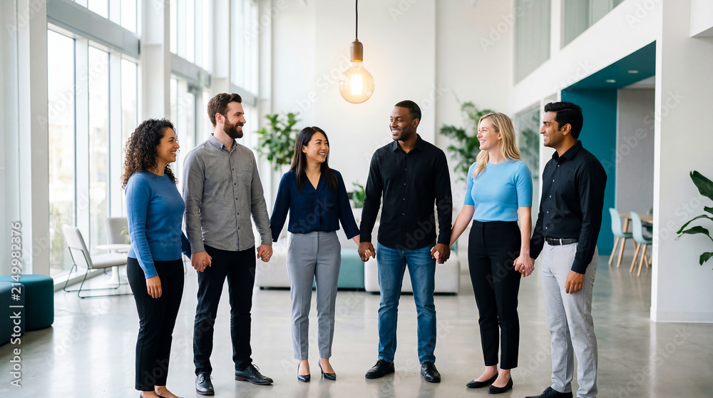 Fototapeta premium Diverse team holding hands in modern office lobby, smiling and looking at each other, bright natural light, collaborative atmosphere, workplace culture, business meeting, teamwork, diversity, HR