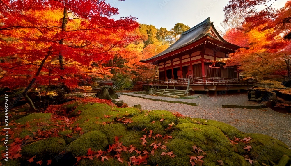 Obraz premium Traditional Japanese temple surrounded by vivid red maple trees and a moss garden in autumn