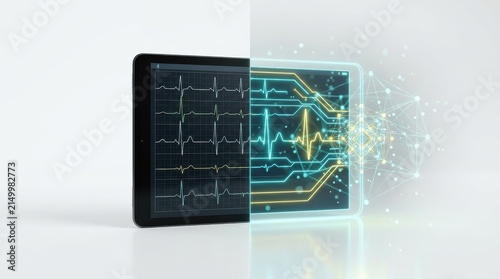 Modern Digital Tablet Displaying ECG Waveform Transforming into Futuristic Data Visualization.