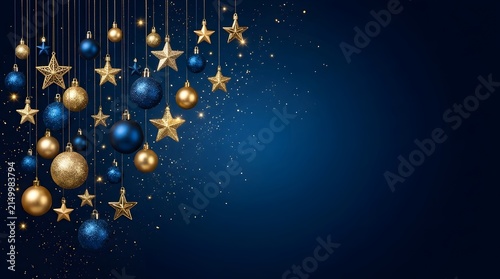 Luxury Christmas decorations with gold and blue ornaments hanging on dark blue background