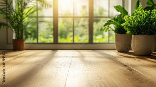 Sunlit Room with Potted Plants: A tranquil room bathed in warm sunlight, with several lush green potted plants near a large window revealing a verdant outdoor view.