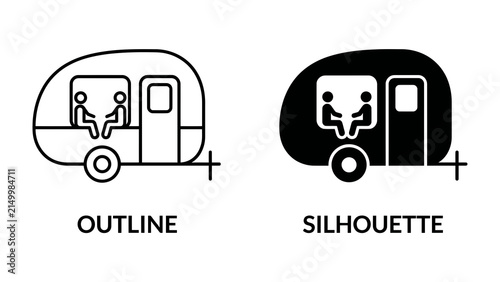 Foto Camper Van Outline and Silhouette: A graphic representation showcasing a small camper van in both an outline and a solid silhouette style, with simplified figures visible inside