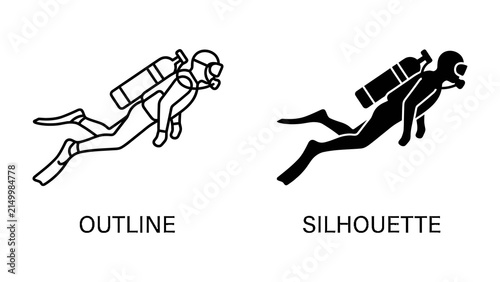 Foto Scuba Diver Outline and Silhouette: Two distinct graphic representations of a scuba diver, one as a clean outline and the other as a solid silhouette