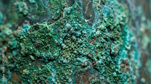 Macro closeup of oxidized aged copper surface displaying vibrant green patina and rust texture