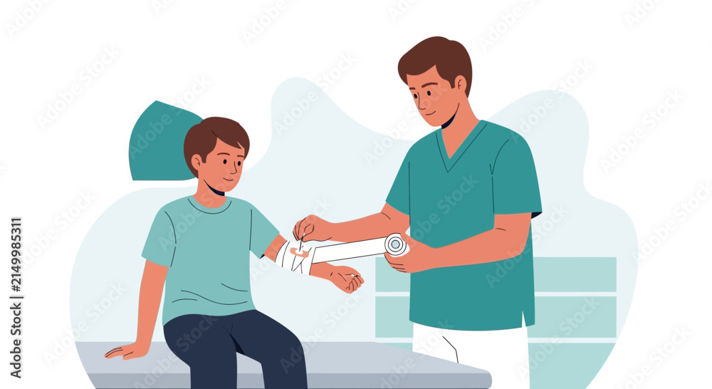 Fototapeta premium Doctor bandaging child's arm, healthcare, medical treatment, isolated