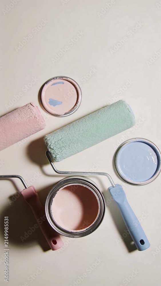Naklejka premium Generative AI depicts pastel-colored painting tools including rollers and brushes