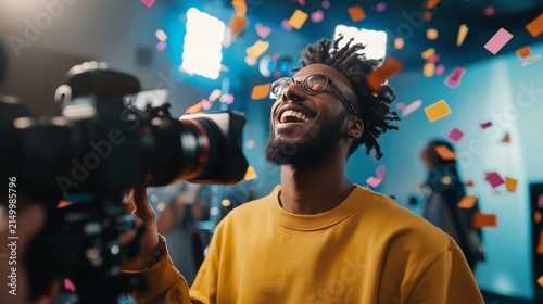 Joyful Celebration with Confetti and Camera: A jubilant videographer, eyes closed in happiness, laughs as confetti rains down around him, holding a professional camera.