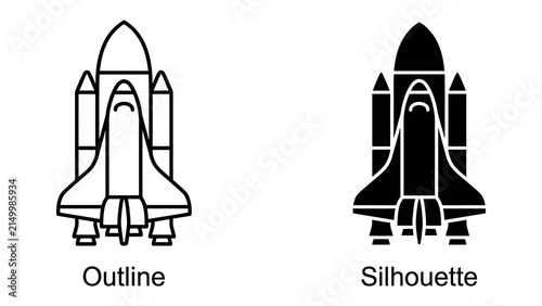 Space Shuttle Icons: A set of graphic icons representing a space shuttle in both outline and silhouette styles, perfect for design projects related to space exploration.