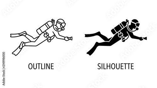 Scuba Diver Outline and Silhouette: Two graphic representations showcase a scuba diver in action, one as a clean outline and the other as a bold silhouette.