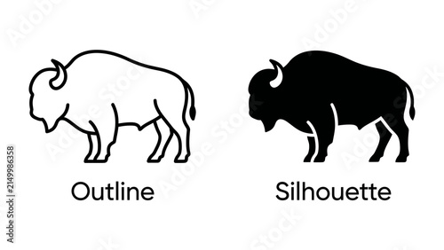 Bison Icon Set: A collection of two bison icons, one outlined and one silhouetted, representing this powerful mammal.