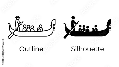 Foto Gondola Icon: Two artistic representations, an outline and a silhouette, showcase a traditional Venetian gondola with a gondolier steering and passengers seated inside