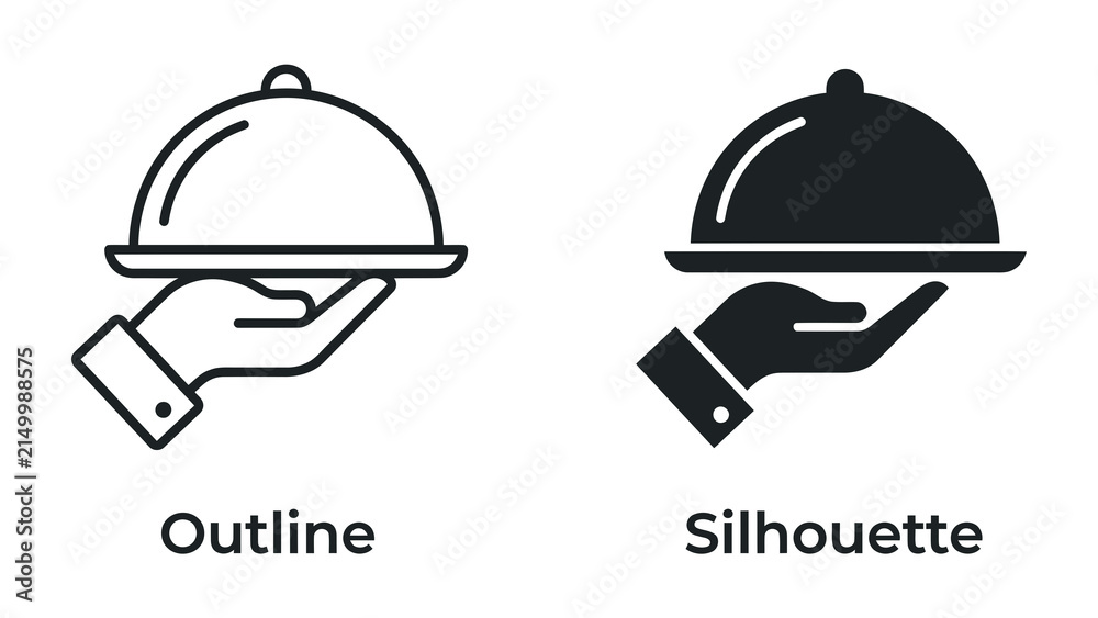 Fototapeta premium Food Service Icons: A set of stylized icons representing food service, featuring a hand holding a covered dish in both outline and silhouette forms.
