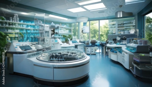 Futuristic laboratory interior with advanced equipment and technology.