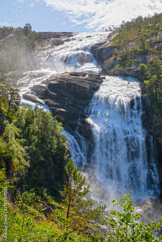 Nyastølfossen Waterfall in Husedalen Valley Near Kinsarvik, Norway