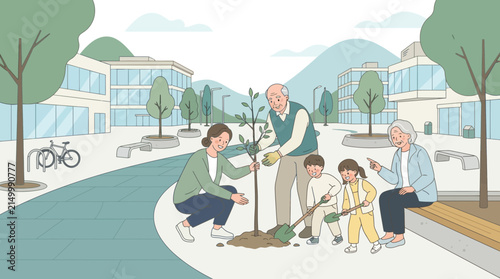 Family planting tree in urban park, multi-generational activity