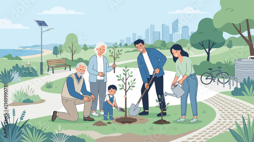 Family planting trees in park, sustainable urban living, eco-friendly lifestyle