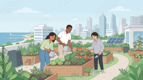 Family tending rooftop garden with city skyline and ocean background