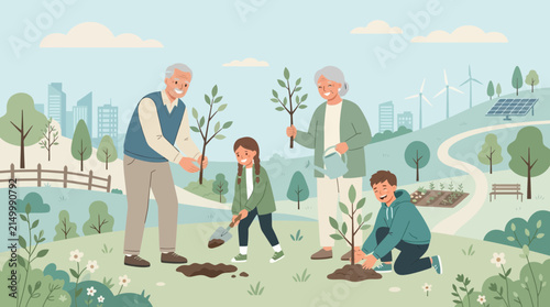 Family planting trees outdoors, environmental concept, green energy, cityscape background
