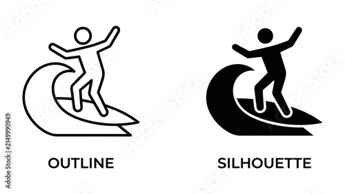 Photography Surfer Outline and Silhouette: A clean outline and a solid silhouette illustration depicting a surfer riding a wave, symbolizing the sport of surfing and water activity