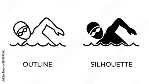 Swimming Icon - Outline and Silhouette: A clear graphic representation of a swimmer in action, presented in both outline and silhouette styles, showcasing the motion and form of the sport.