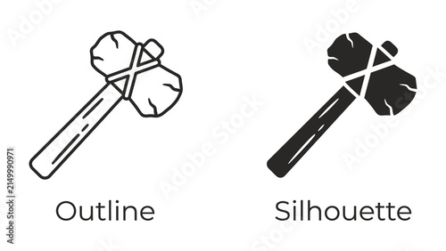 Primitive Stone Axe Icons: Two icons representing a primitive stone axe, one in outline and the other as a solid silhouette, illustrating ancient tools and their basic forms.