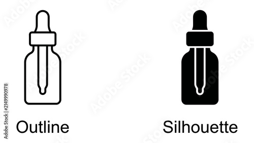 Dropper Bottle Icons: Simple outline and silhouette icons of a dropper bottle, representing liquid dispensing or scientific applications.
