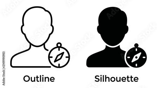 Navigation User Profile: Two stylized human icons, one outlined and one silhouetted, are accompanied by a compass symbol, representing navigation, direction, or personal guidance.