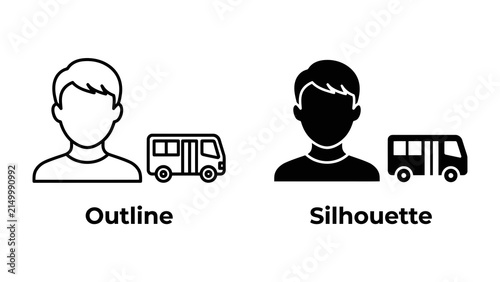 Bus Passenger Icons: A clear visual representation of a person and a bus, offered in both outline and silhouette styles, ideal for transport or service information.