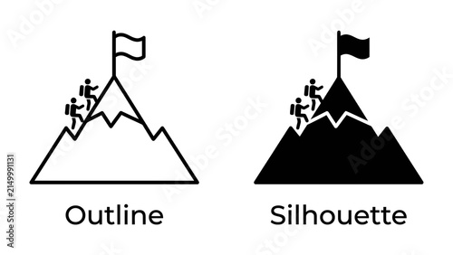 Mountain Climbing Achievement: Two hikers ascend a rugged mountain peak, planting a flag at the summit, symbolizing goal attainment and the spirit of exploration.