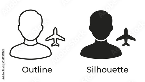 Traveler Icons: Two distinct icons represent a traveler, one as a clean outline and the other as a solid silhouette, each accompanied by a small airplane, symbolizing air travel and journey.