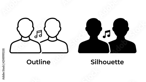 Two people icons singing: A simple, clean graphic representing two individuals side-by-side, with a musical note between them, indicating singing or music.