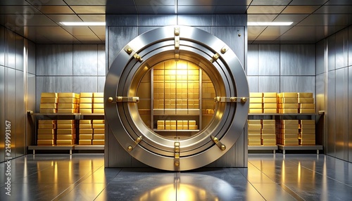 High‑security vault interior with polished steel circular door, radial locking mechanism, shelves stacked with gold bars, wealth and protection.