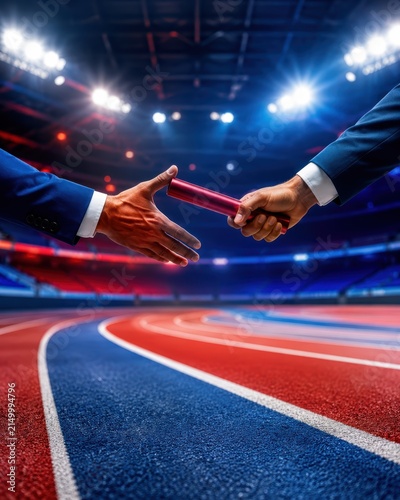 Corporate Strategy Relay Baton Pass in Stadium Business Concept Photo