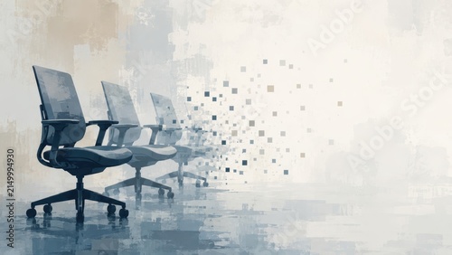 Corporate strategy concept with office chairs dissolving into pixels art