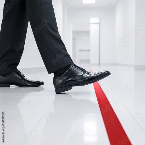 Businessman Legs Stepping Over Red Line in Corporate Strategy Concept Photo