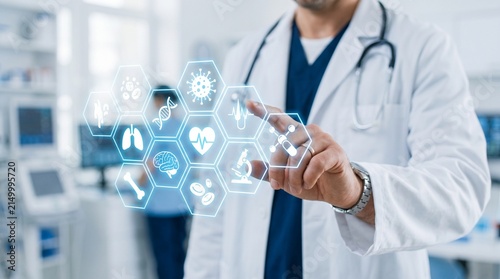 Doctor interacting with holographic medical data
