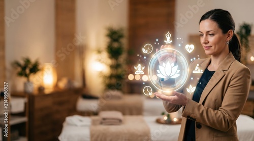 Professional woman holding glowing wellness and meditation hologram in modern spa salon, conceptual image representing holistic health, mindfulness and alternative therapy