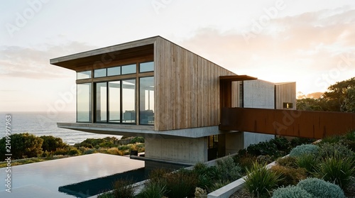A stunning modern luxury home is dramatically situated on a cliffside overlooking the ocean during a beautiful sunset with vibrant landscaping