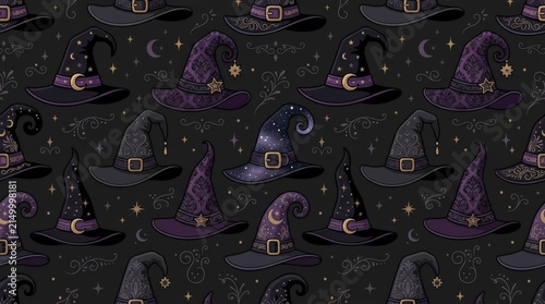 Halloween seamless pattern with witch hat on dark background