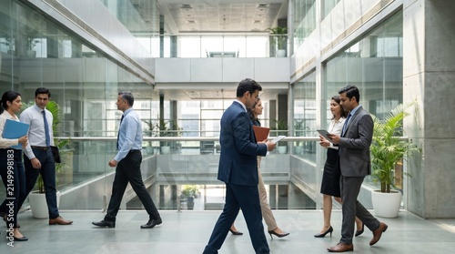 Corporate professionals walking and discussing work in modern multi-story office building lobby