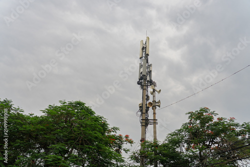 Cellular Telecommunication Tower Above Tropical Tree Canopy in Vietnam