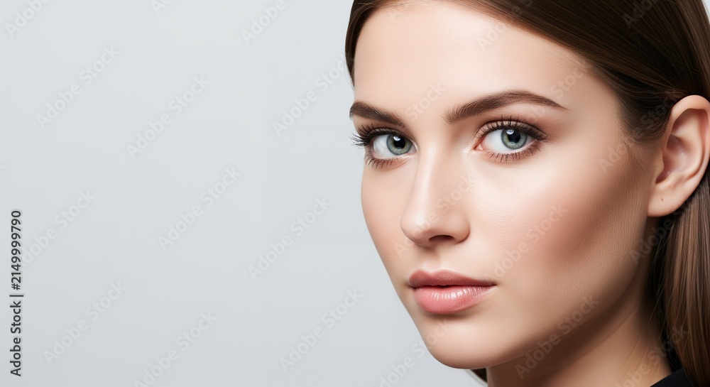 Obraz premium Professional businesswoman beauty close-up with blue eyes, sleek brown hair, natural makeup, confident expression, and generous copy space on a clean light gray studio background