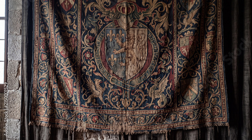Ancient woven tapestry featuring intricate patterns and heraldic symbols, displayed against an aged wall
