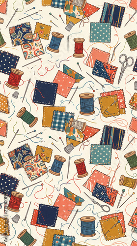 Colorful sewing supplies and patterns scattered creatively on a light background