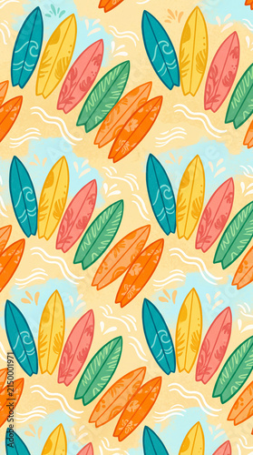 Colorful surfboards arranged on a light sandy background creating a fun beach vibe