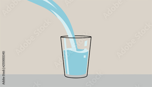 Flowing stream of clean water pouring into a clear glass symbolizes hydration, pure mineral beverage, and health.