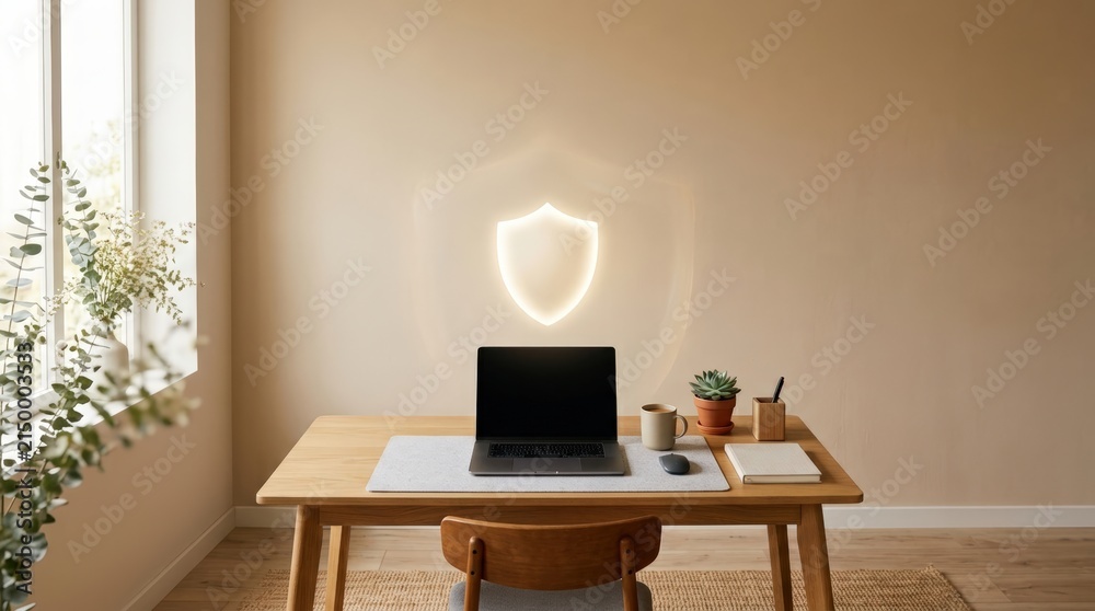 Fototapeta premium Clean home workstation with laptop and glowing shield symbol on wall